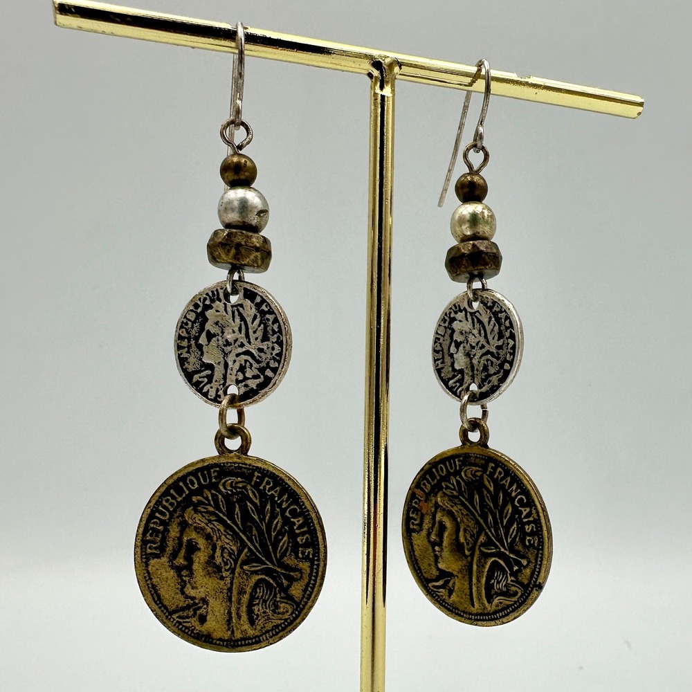 Vintage Style French Coin Drop Earrings Mixed Metal Boho Dangle Republique Franc - Picture 3 of 5